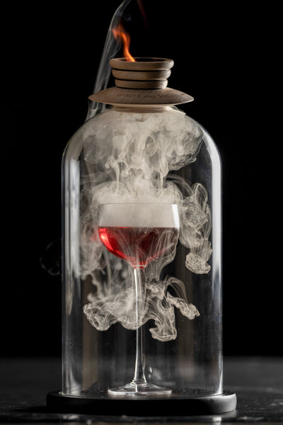 a cocktail being smoked in a cool glass cloche or dome with a smoker top