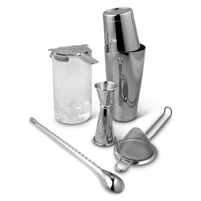 Stainless steel cocktail tool set with etched mixing glass and Kamakura jigger from Spirits with Smoke