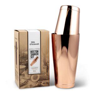 Close-up of Boston shaker in Copper with retail packaging