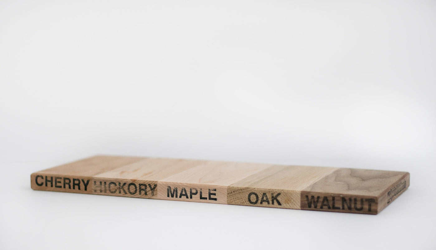 Our Five Wood Home Bar Cocktail Smoking Board has Cherry, Hickory, Maple, Oak, & Walnut