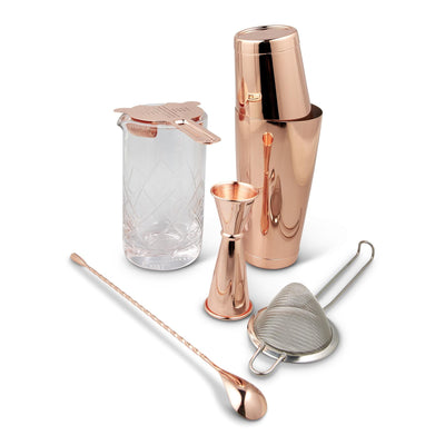 Copper finish cocktail tool set including mixing glass, shaker, and barspoon by Spirits with Smoke.